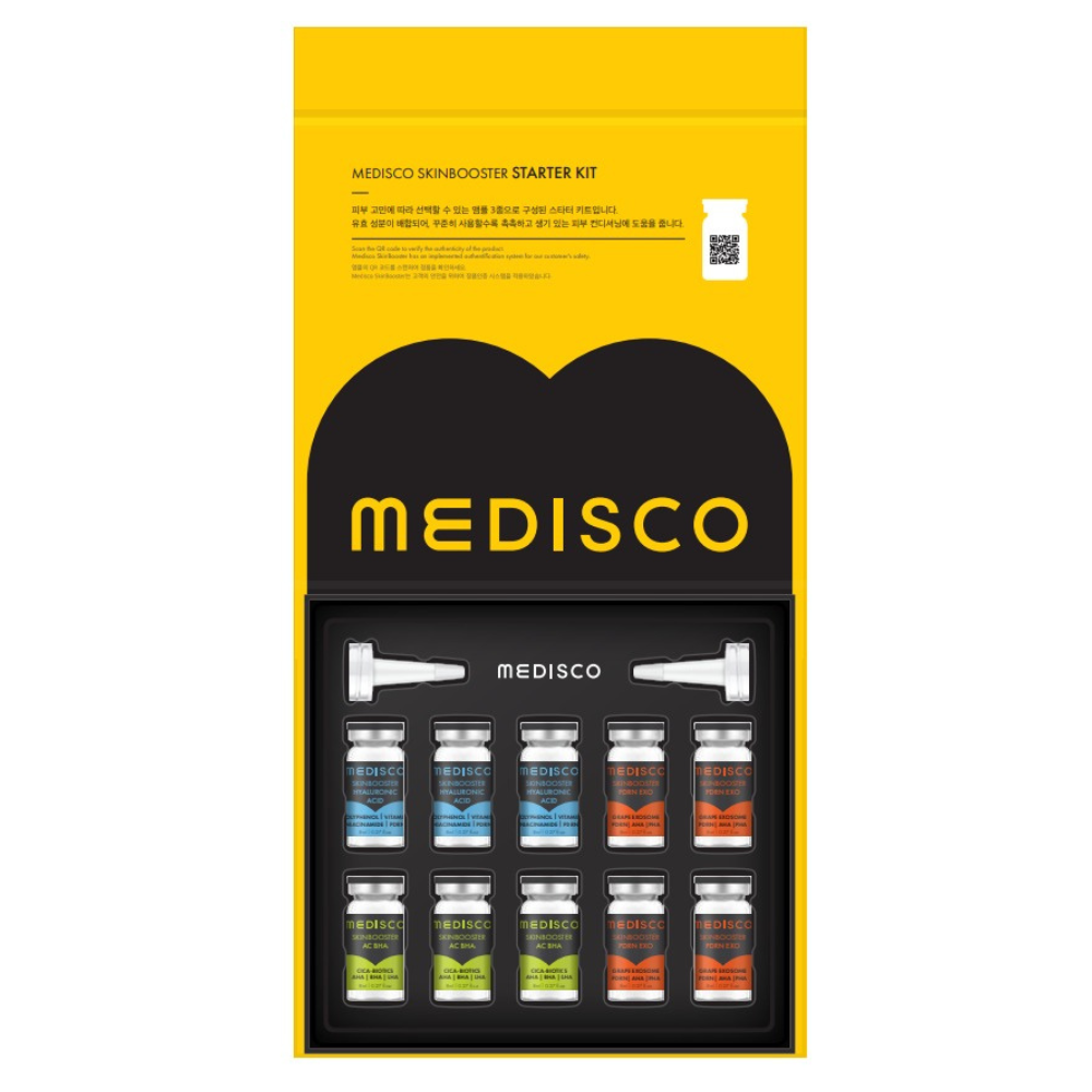 Inside view of Medisco skin booster starter kit with ampoules and MTS applicator tips