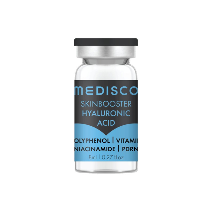 Close up to Medisco Skinbooster Hyaluronic Acid bottle on a white background