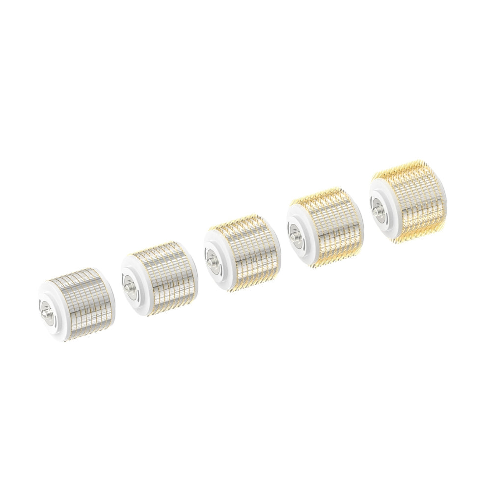 Pack of five 2.0mm Replacement Cartridges for the Dr. Pen G5 Bio Roller Microneedling Pen. Each cartridge is clear with a snap-in structure, showcasing a cylindrical roller densely packed with fine, gold-toned microneedles designed for skin rejuvenation. The cartridges are arranged in a line, incrementally turned to display all angles and the connection mechanism for the microneedling pen.