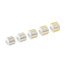 Load image into Gallery viewer, Pack of five 2.0mm Replacement Cartridges for the Dr. Pen G5 Bio Roller Microneedling Pen. Each cartridge is clear with a snap-in structure, showcasing a cylindrical roller densely packed with fine, gold-toned microneedles designed for skin rejuvenation. The cartridges are arranged in a line, incrementally turned to display all angles and the connection mechanism for the microneedling pen.