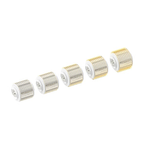 Pack of five 2.0mm Replacement Cartridges for the Dr. Pen G5 Bio Roller Microneedling Pen. Each cartridge is clear with a snap-in structure, showcasing a cylindrical roller densely packed with fine, gold-toned microneedles designed for skin rejuvenation. The cartridges are arranged in a line, incrementally turned to display all angles and the connection mechanism for the microneedling pen.