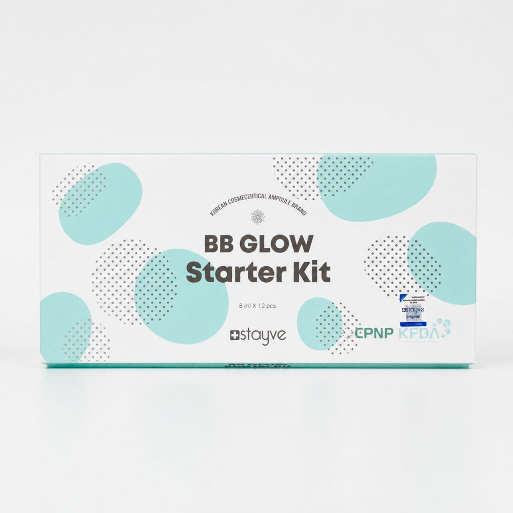 Front view of Stayve BB Glow Starter Kit box with 8 ml x 12 pcs ampoules