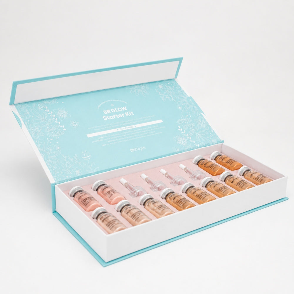 Angled view of Stayve BB Glow Starter Kit with assorted Dermawhite ampoules