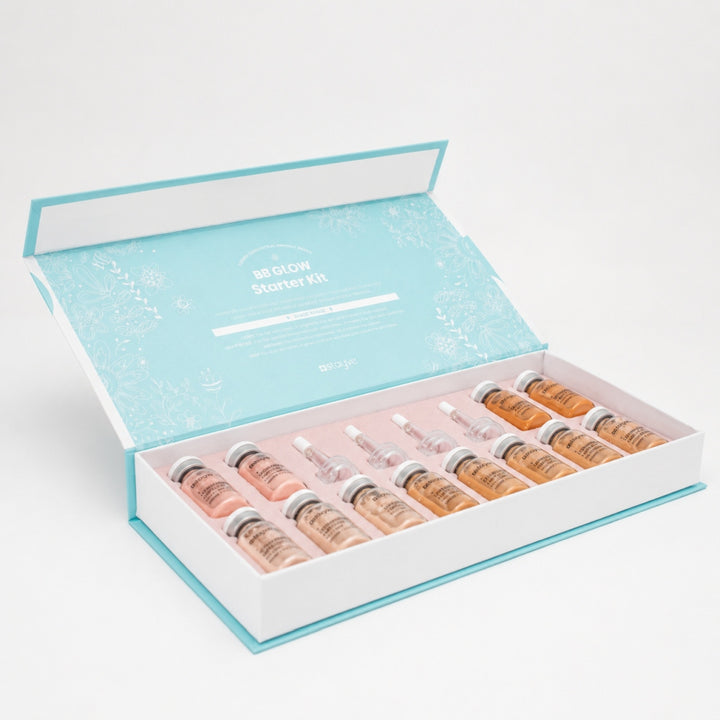 Angled view of Stayve BB Glow Starter Kit with assorted Dermawhite ampoules