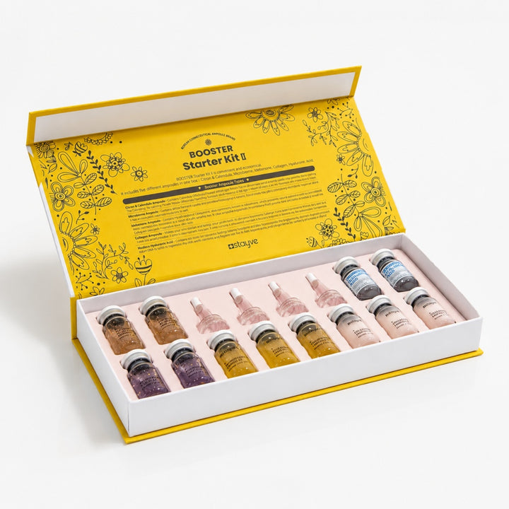 Stayve Booster Starter Kit II display box with assorted ampoules and applicator caps