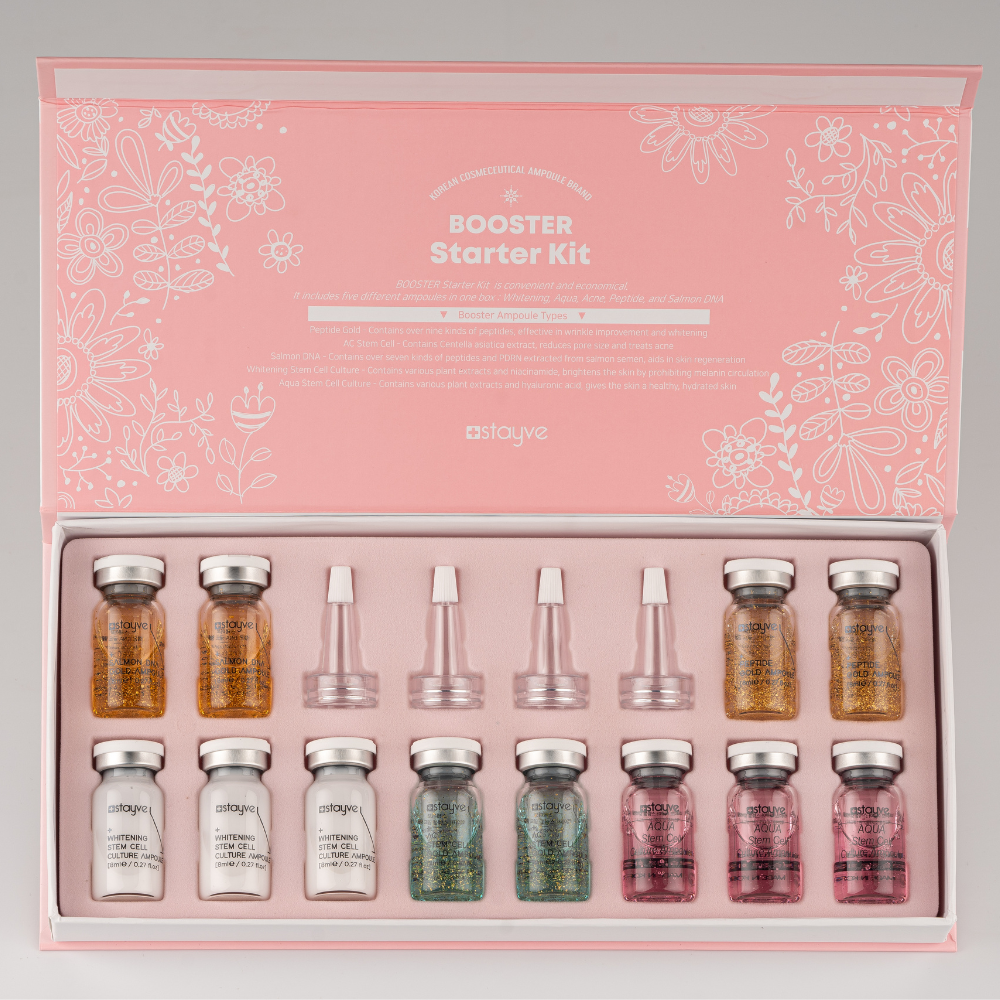 Close up on Stayve Booster Starter Kit contains 12x Vial Ampoules (8ml each)