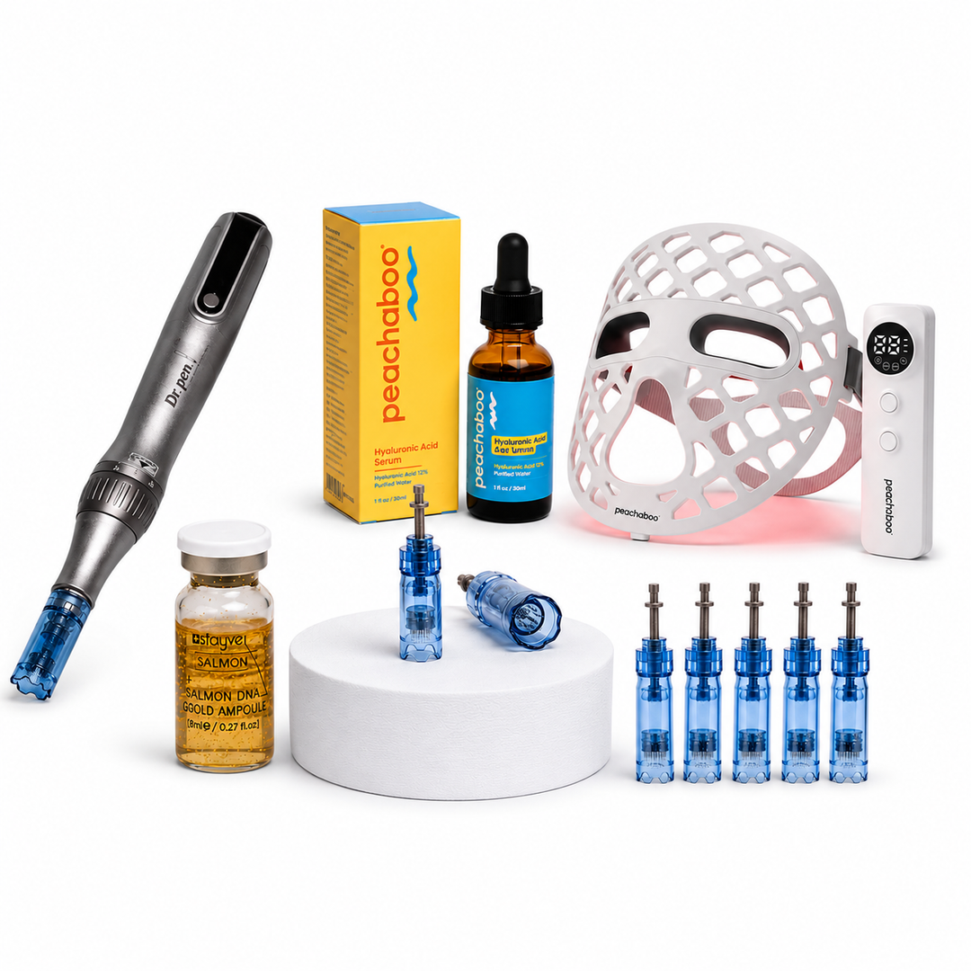 Featuring the Dr. Pen M8S microneedling pen with 12-pin and 36-pin cartridges for versatile treatments, Peachaboo Hyaluronic Acid Serum 30ml for deep hydration, Stayve Salmon DNA Gold Ampoule (8ml x 10 vials) to nourish and revitalise the skin.

Also included is the Peachaboo Glo Aurora Silicone LED Light Therapy Mask (with NIR), designed to enhance skin recovery, support collagen stimulation, and elevate your results for a more radiant, lifted, and youthful complexion.