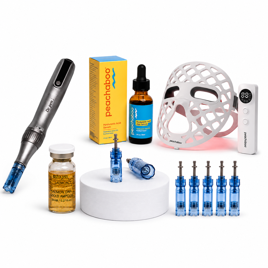 Featuring the Dr. Pen M8S microneedling pen with 12-pin and 36-pin cartridges for versatile treatments, Peachaboo Hyaluronic Acid Serum 30ml for deep hydration, Stayve Salmon DNA Gold Ampoule (8ml x 10 vials) to nourish and revitalise the skin.

Also included is the Peachaboo Glo Aurora Silicone LED Light Therapy Mask (with NIR), designed to enhance skin recovery, support collagen stimulation, and elevate your results for a more radiant, lifted, and youthful complexion.