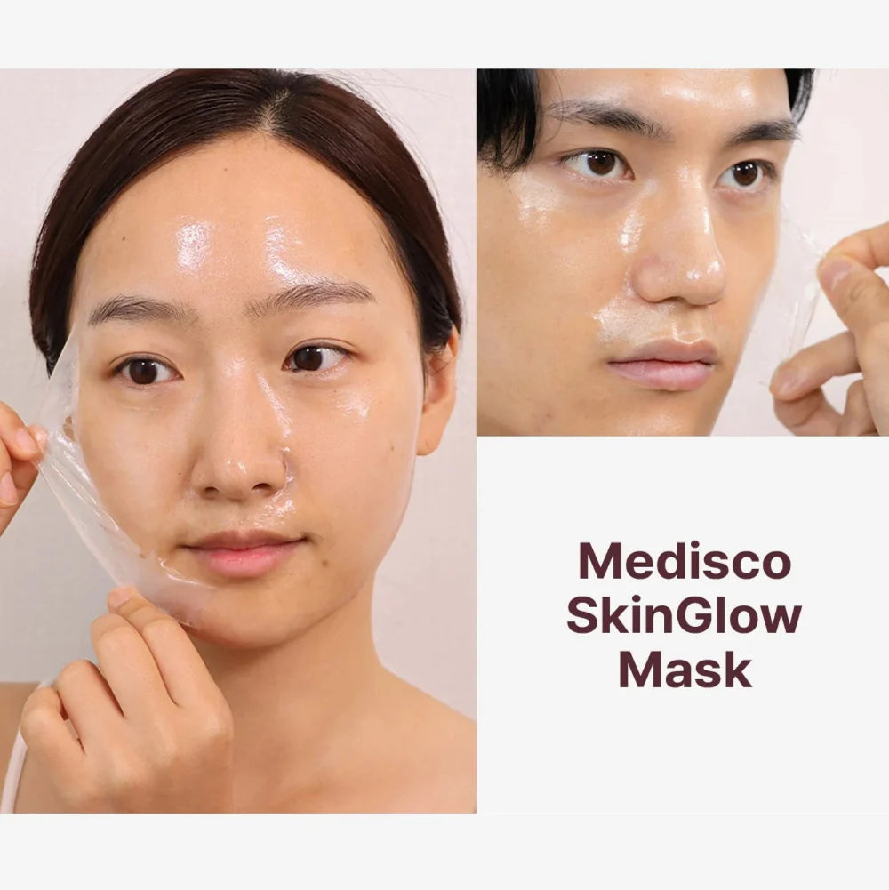 Models applying and peeling the Medisco SkinGlow PDRN Collagen Mask for a clear glowing complexion.