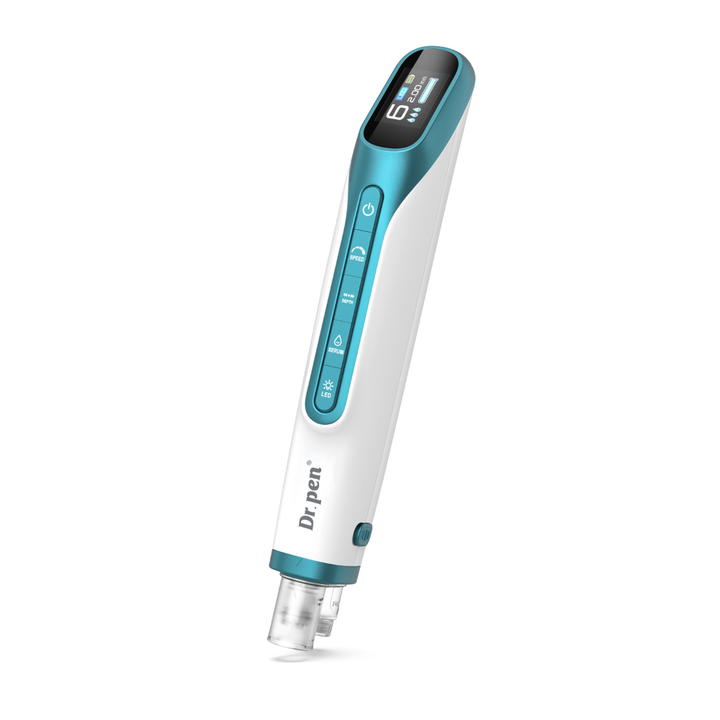 Dr. Pen H6-speed microneedling pen with LCD screen, adjustable depth control, and wireless serum-infused derma pen head.