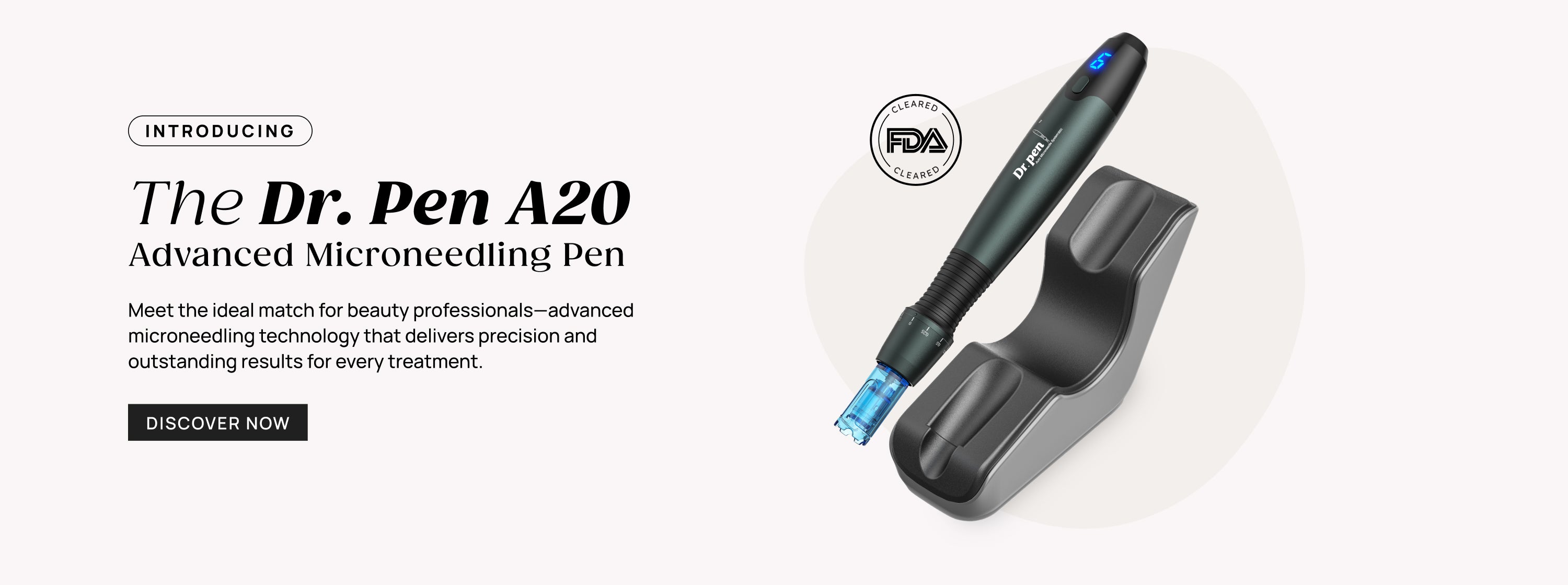 Dr Pen A20 Advanced Microneedling Pen with charging dock and FDA Cleared badge.
