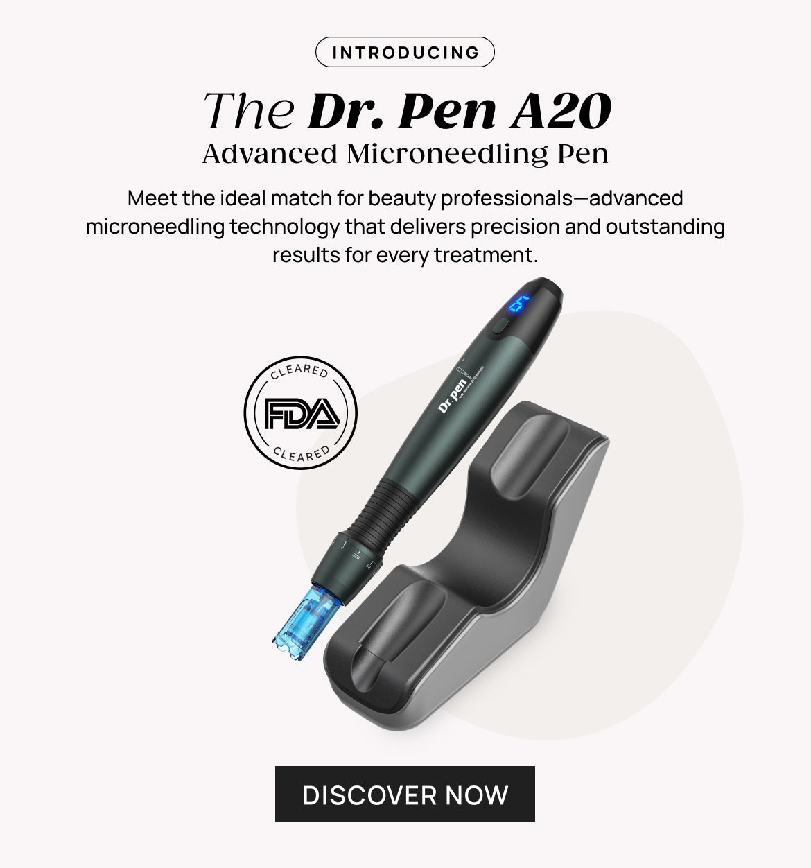 Dr Pen A20 Advanced Microneedling Pen with charging dock and FDA Cleared badge.
