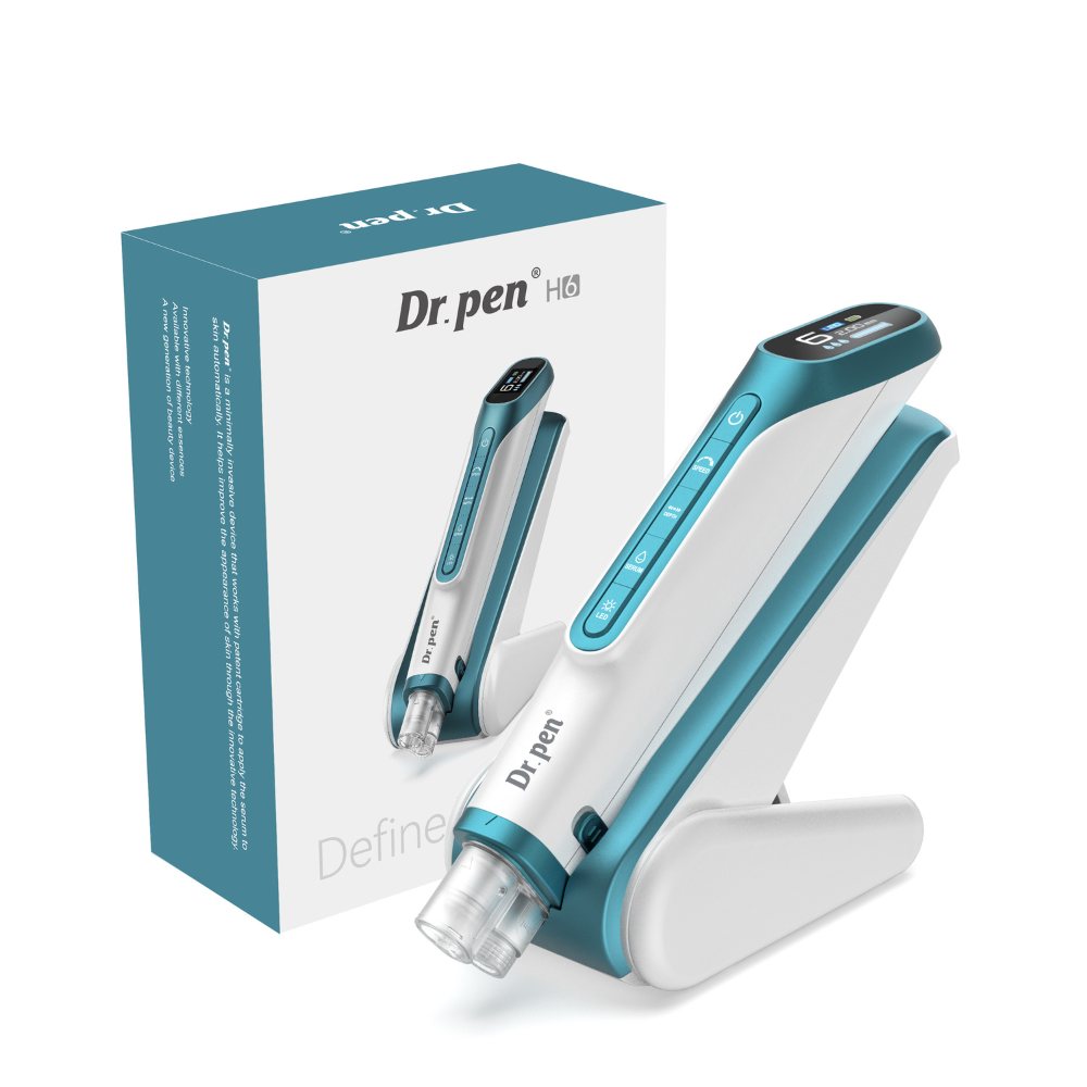 Dr. Pen H6 microneedling device with retail packaging box, teal and white design, displayed on charging stand.