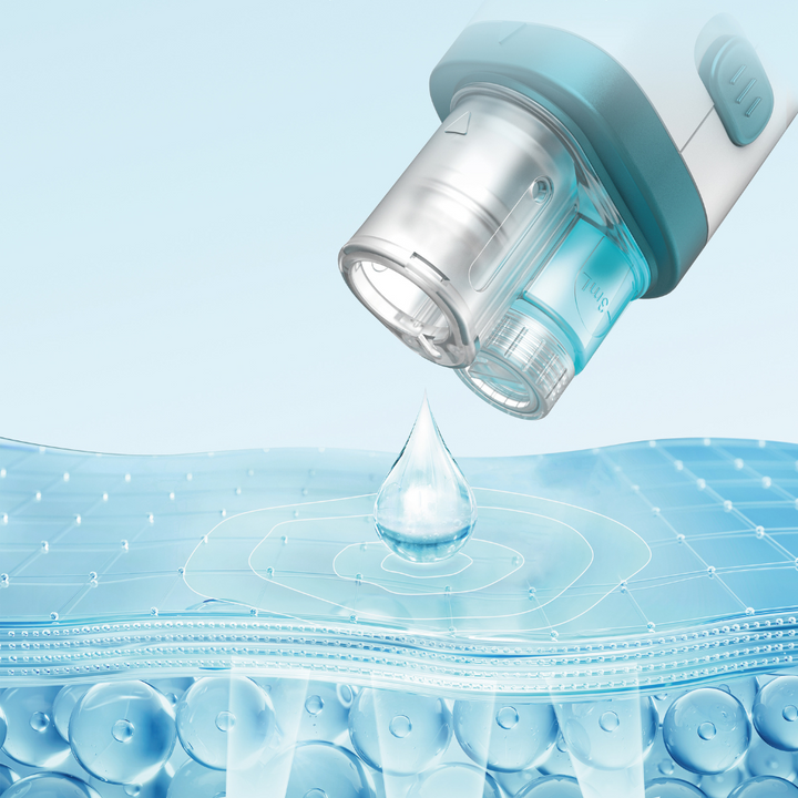 Dr. Pen H6 serum cartridge dispensing a droplet onto a hydrated skin texture illustration, representing serum infusion technology.
