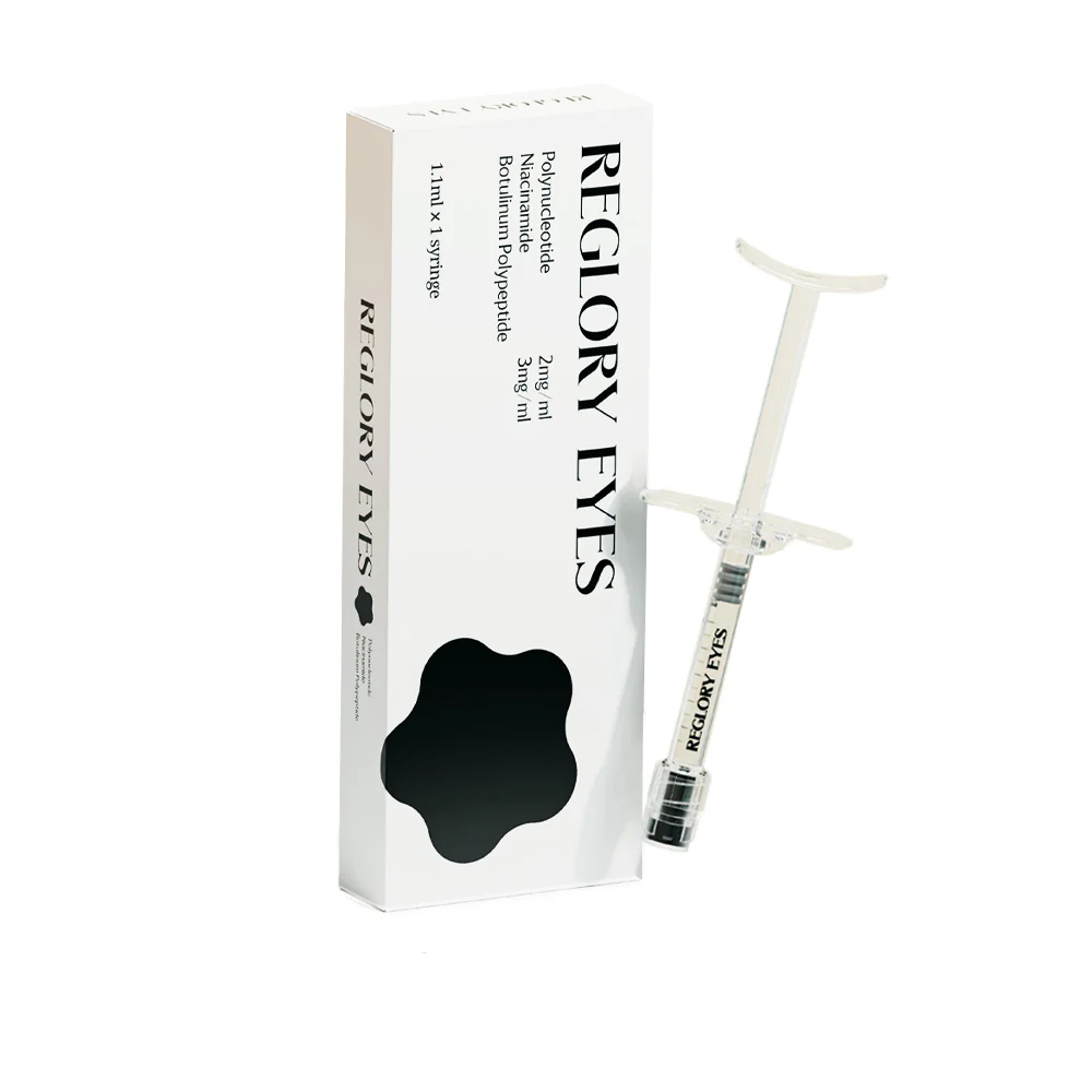 Reglory EYES – Advanced Eyes & Facial Rejuvenator packaging with syringe displayed beside the product box.