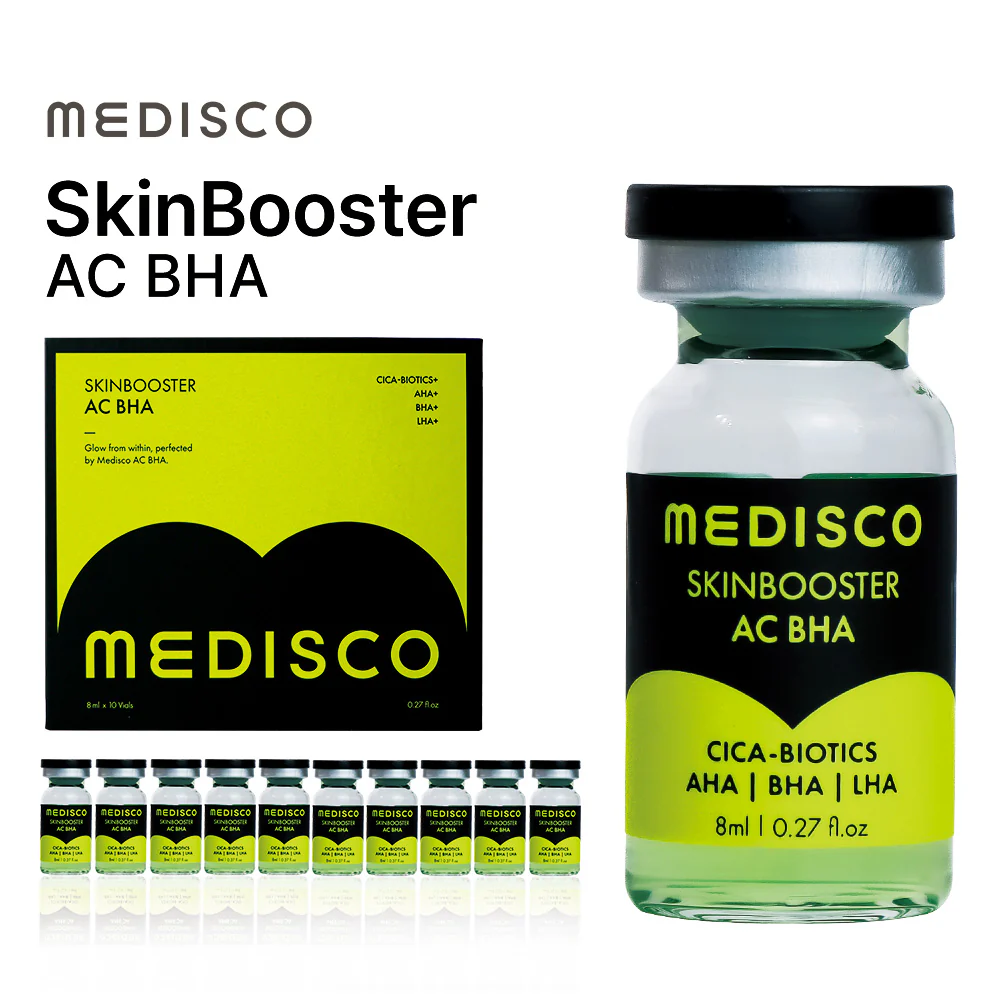Close up to a vial of Medisco SkinBooster AC BHA bottle, with its packaging and multiple vials displayed on a white background