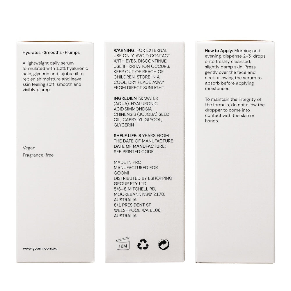 GOOMi Hyaluronic Acid panels showing ingredients, directions and benefits
