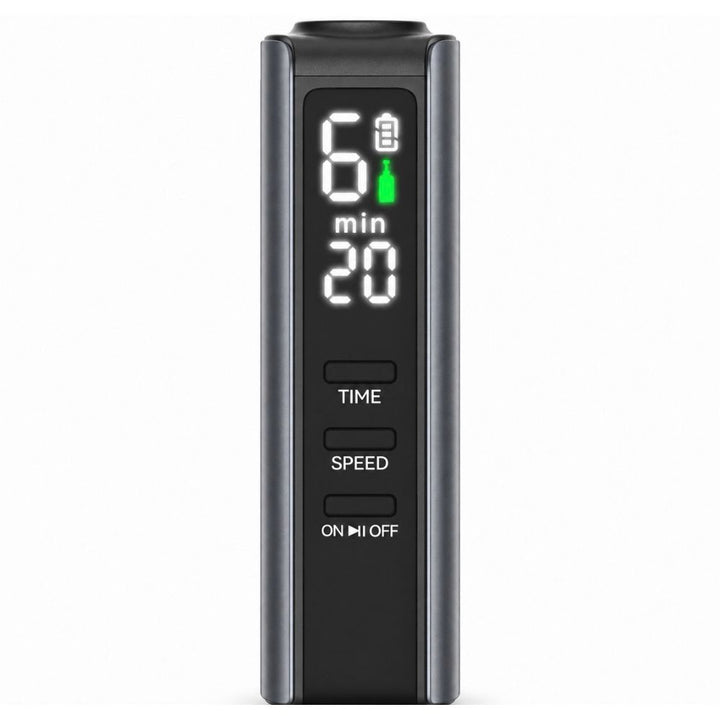 Close up to Dr. Pen M8 Max LED display showing speed, timer, battery and cartridge status
