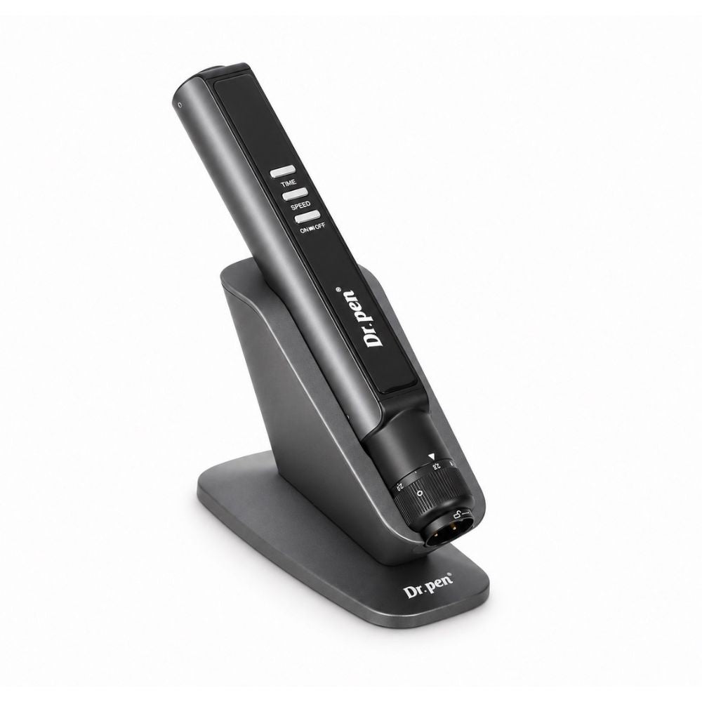 Dr. Pen M8 Max Microneedling Pen resting in smart induction stand without cartridge
