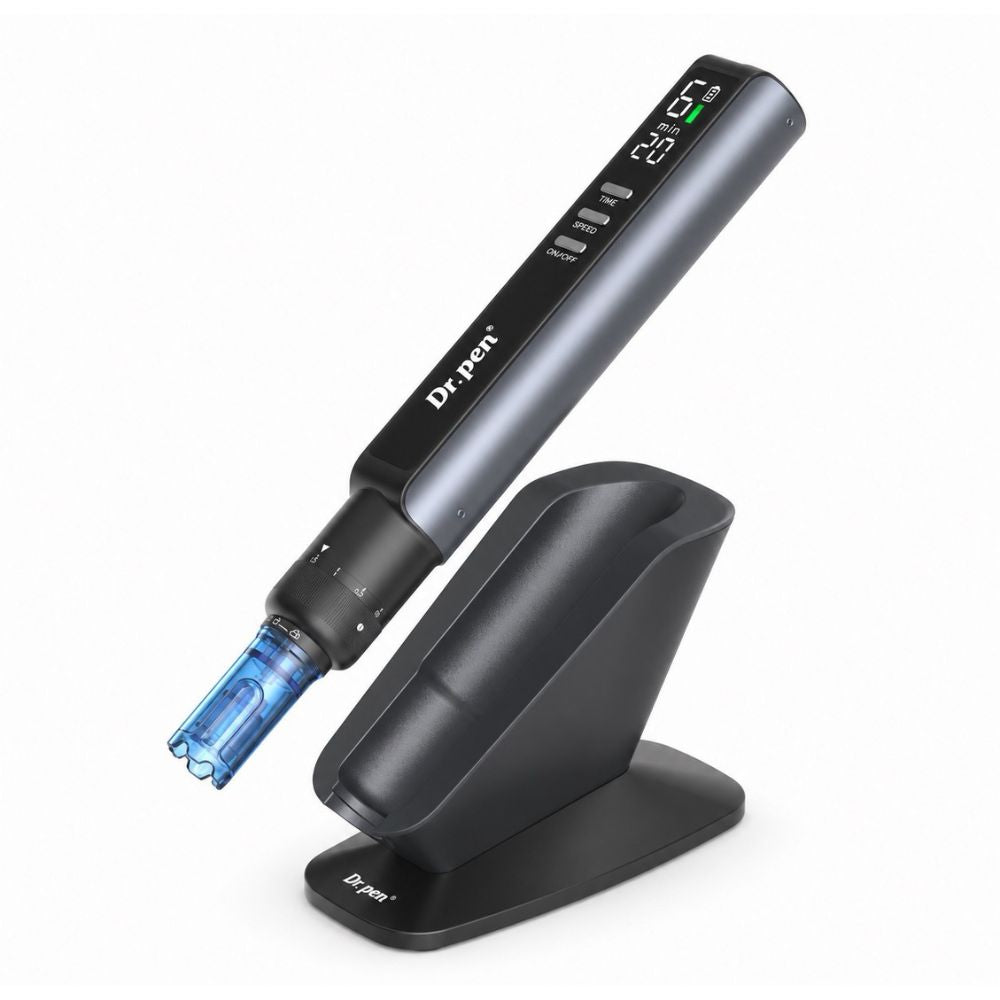 Dr. Pen M8 Max Microneedling Pen floating above smart auto-pause stand from a different angle
