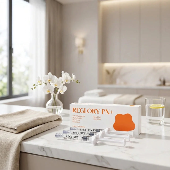 Reglory PN⁺ Polynucleotide Skin Booster displayed in spa setting with syringes for advanced skin rejuvenation care