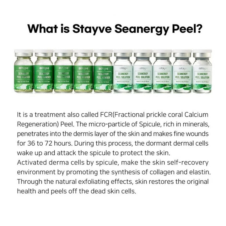 Stayve Seanergy Peel Powder and Solution lineup with FCR treatment explanation graphic